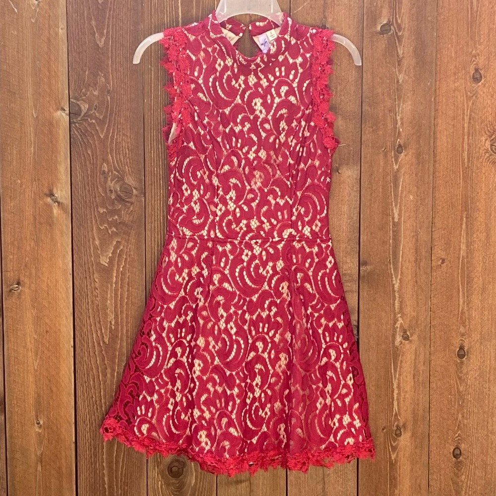 Red lace Francesca’s dress; high neck, open back!